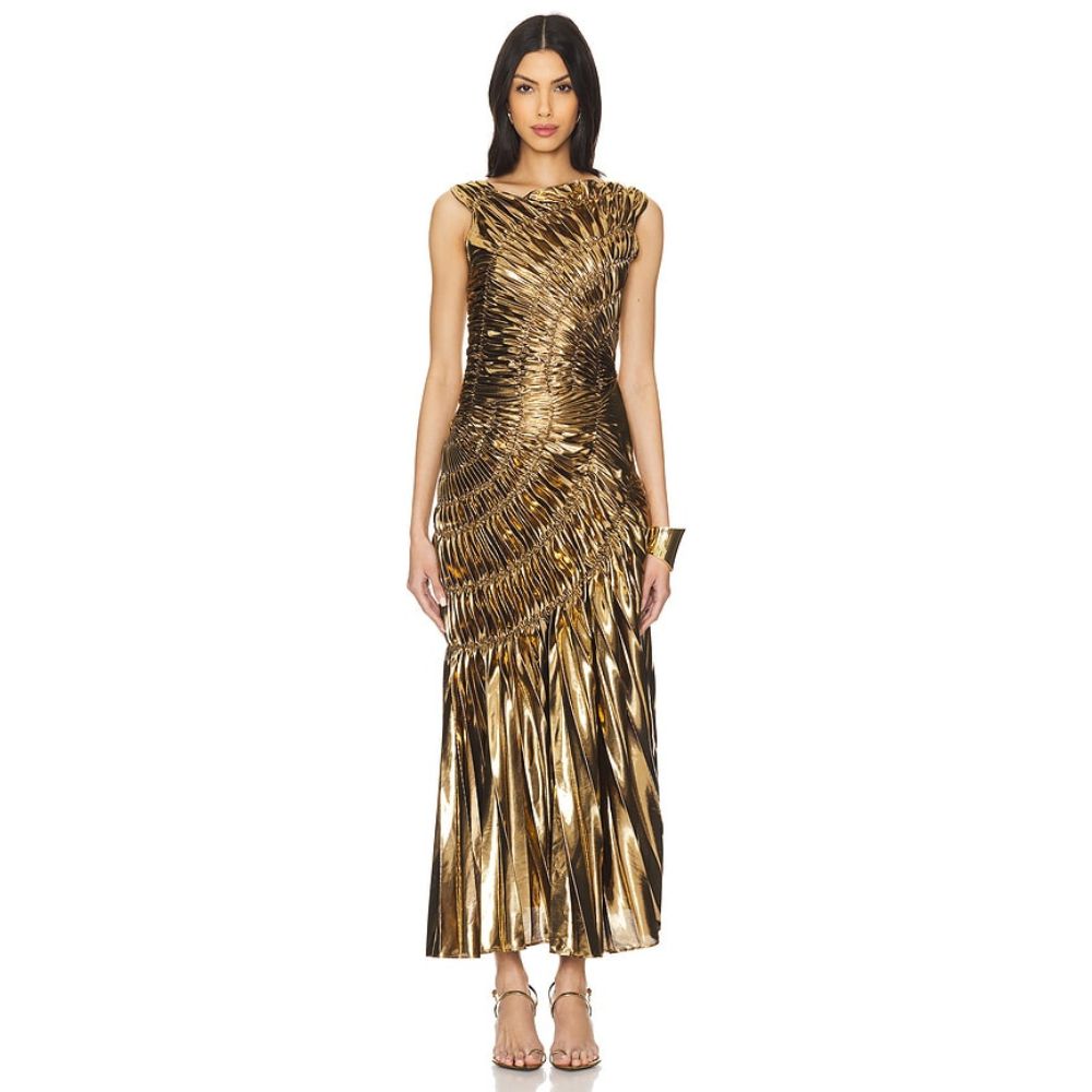 Gold Pleated Evening Dress